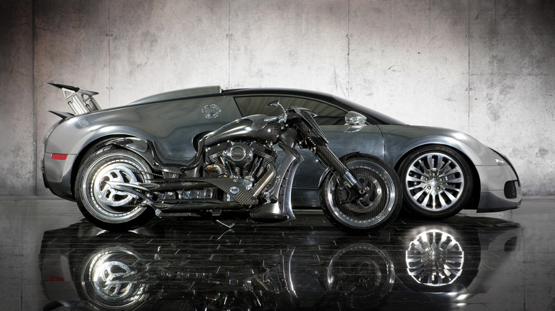 Bugatti Mansory Sports Car and Custom Chopper Bike