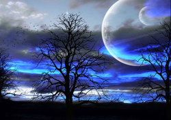 Abstract Night Image With Trees And Planets In The Back
