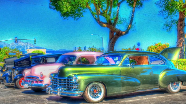 row of vintage neon cars hdr