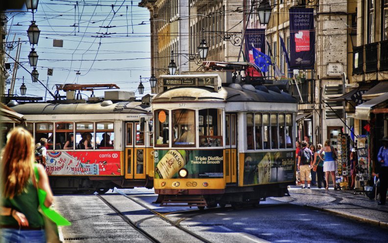 trams on the streets of lisbon hdr