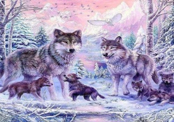 panting, wolves in the snow