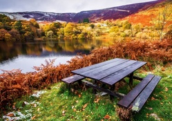 picnic bench in a beautiful lake landscape