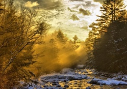 heavenly morning sun rays on a river in winter hdr