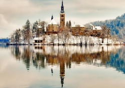 church on a lake island in winter