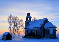 abandoned church on the plains in winter