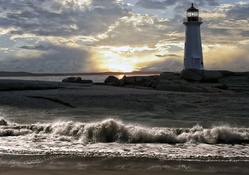 lighthouse on a rocky point at sunset