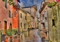 rainy day on a lovely european side street hdr