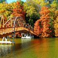 beautiful bridge over river in autumn
