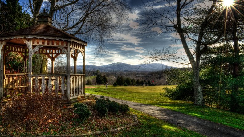 gazebo overlooking a golf course hdr