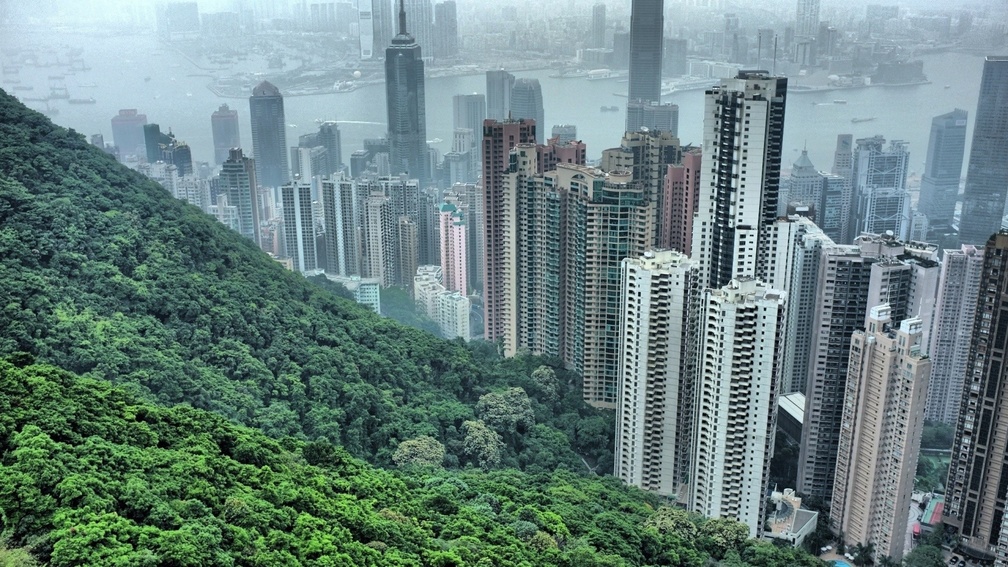 hong kong skyscrapers by a forested mountain hdr