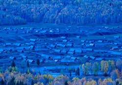 rural village in blue light