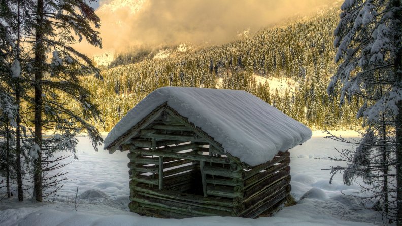 cute little log cabin in the mountains at winter