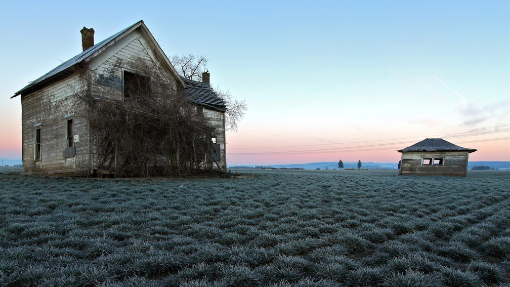 abandoned farmhouse in the middle of fields
