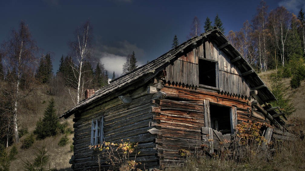 abandoned log cabin on a mountainside