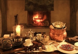 preparing for tea party _ by the fireplace