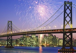 fireworks over bay bridge in frisco