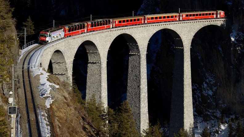 train on a high bridge in the mountains