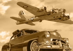 B17 WWII bomber flying over a vintage chevrolet