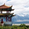 pagoda overlooking mountain range in china