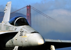 f18 hornet at the golden gate brodge