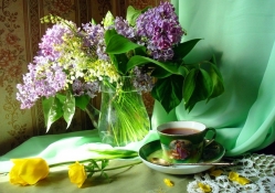 Blooming lilac and coffee
