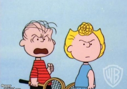 sally and linus arguing with someone while playing tennis
