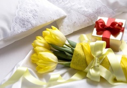 yellow tulips and gift
