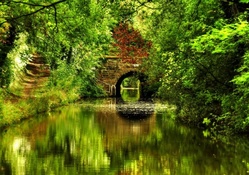 brick bridge in a calm forest river