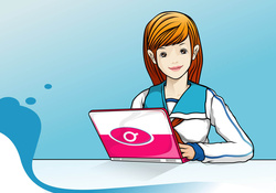 Pretty girl using pink laptop