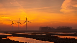 turbine windmills in motion at sunset