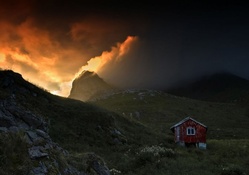 shed in the mountains under magical sunset