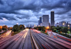 lights on highway entering chicago hdr