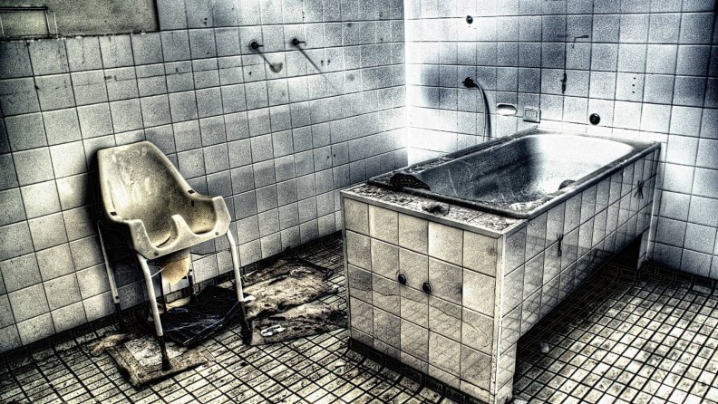 dirty tiled shower and bathtub hdr