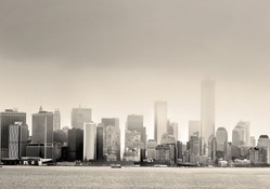 downtown manhattan in black and white fog