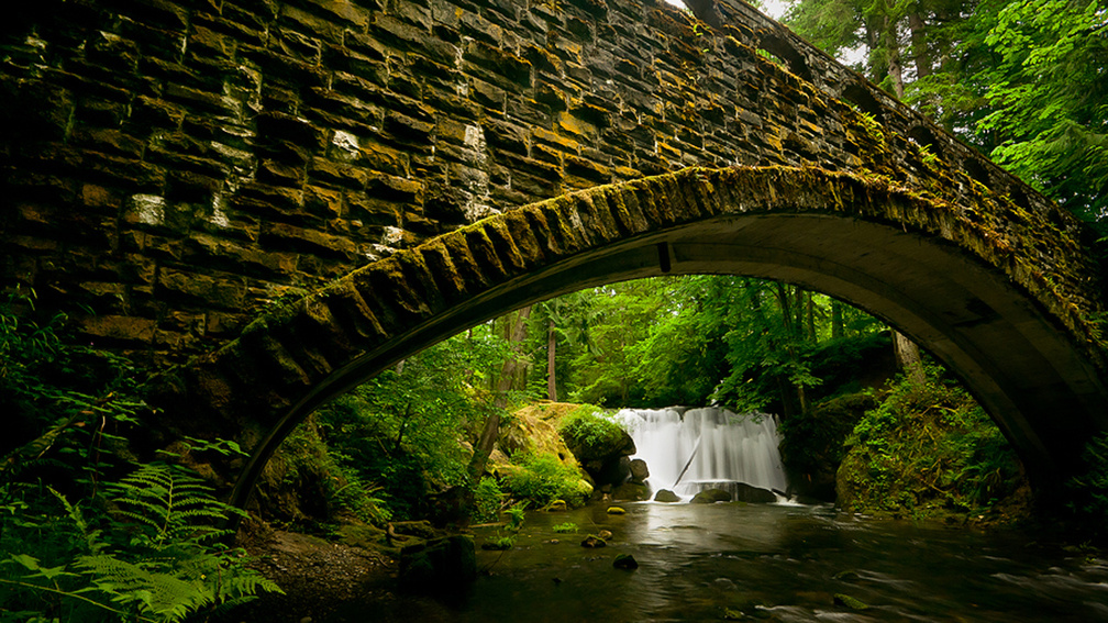 waterfall by a stone bridge in the forest