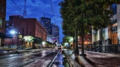city tram in dallas at night hdr
