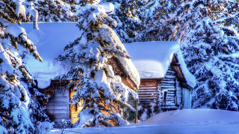 wonderful cabins in heavy winter hdr