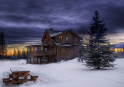 beautiful log home in winter hdr