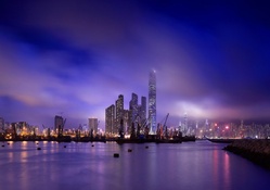 fabulous city harbor on a foggy night