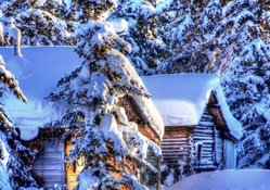 wooden huts in deep winter in alaska hdr
