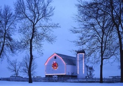 A lighted barn