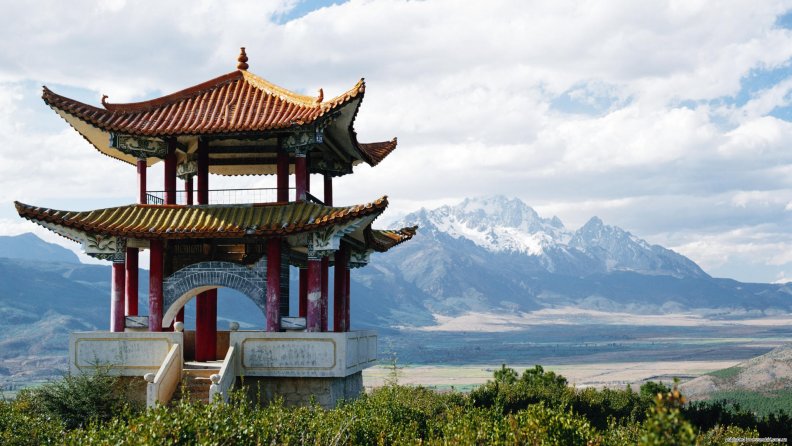 pagoda overlooking mountain range in china