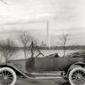 vintage grayscale scene of a car in washington dc  